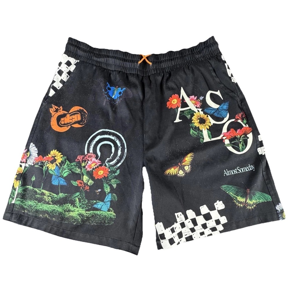 Almost Someday Shorts Mens Large Black Floral Butterfly Graphic 8 Inseam Summer